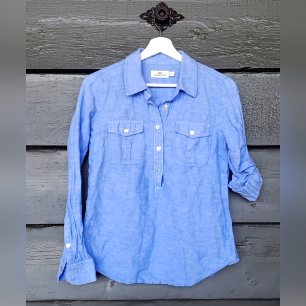 Vineyard Vines Solid camp popover short blue linen sz 8
